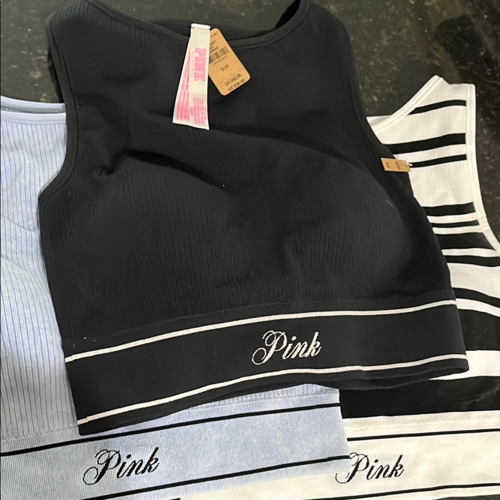 3Pink Victoria Secret Black Crop Top with White Trim 3 total new . Black w/tags